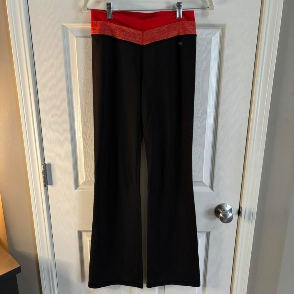 Victoria Secret Women Small Y2K Yoga Pants Sexy Sport BlkRed Double Band Glitter